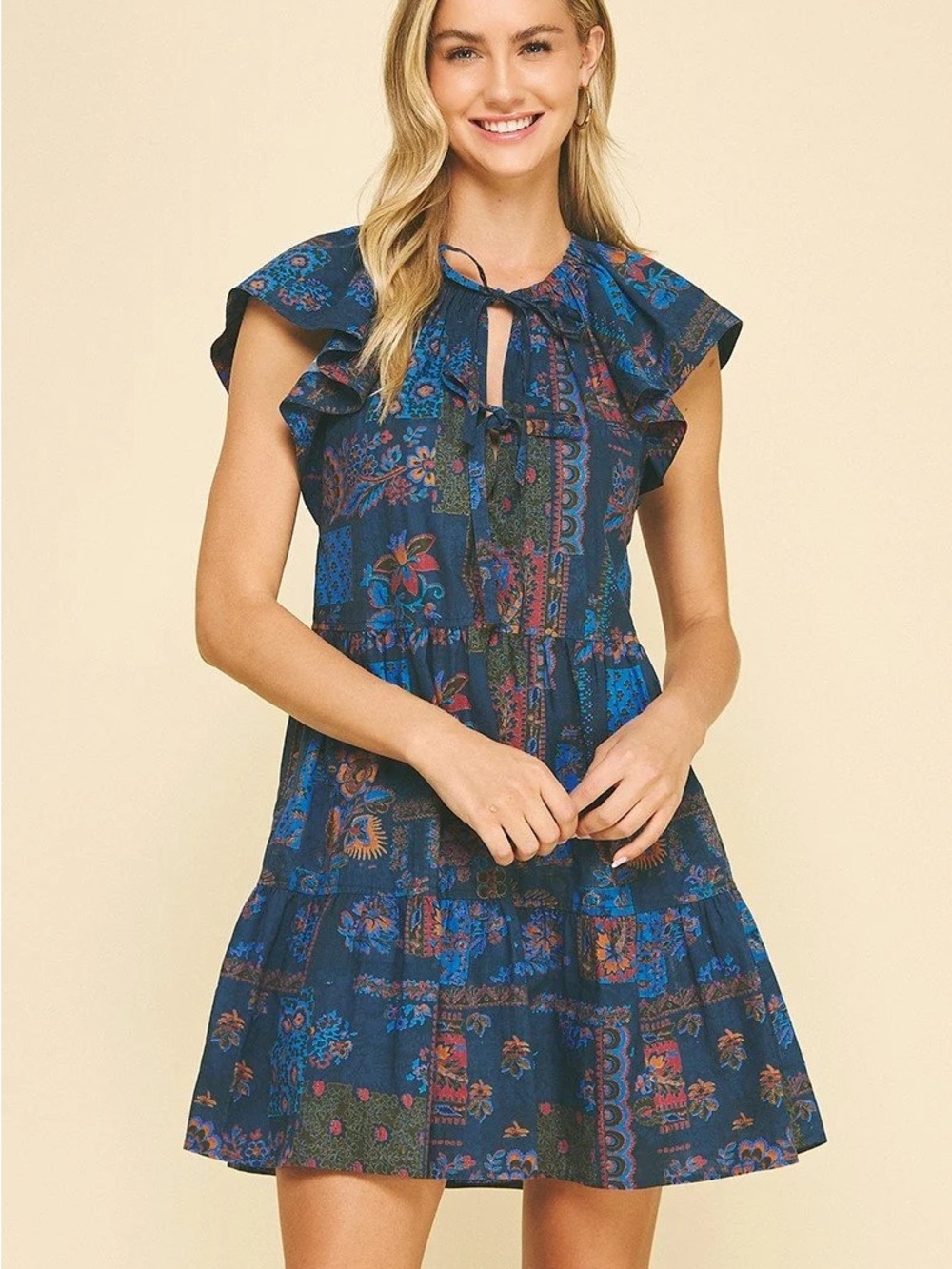 PINCH Blue Floral Patchwork Tiered Midi Dress Flutter Sleeve Boho Cottagecore L